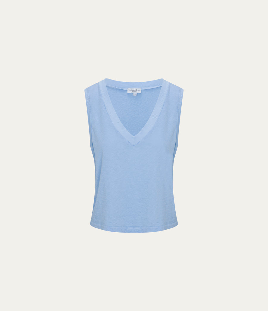 Ira Supima V-Neck Tank  in SKY Blue Close up View #SKY
