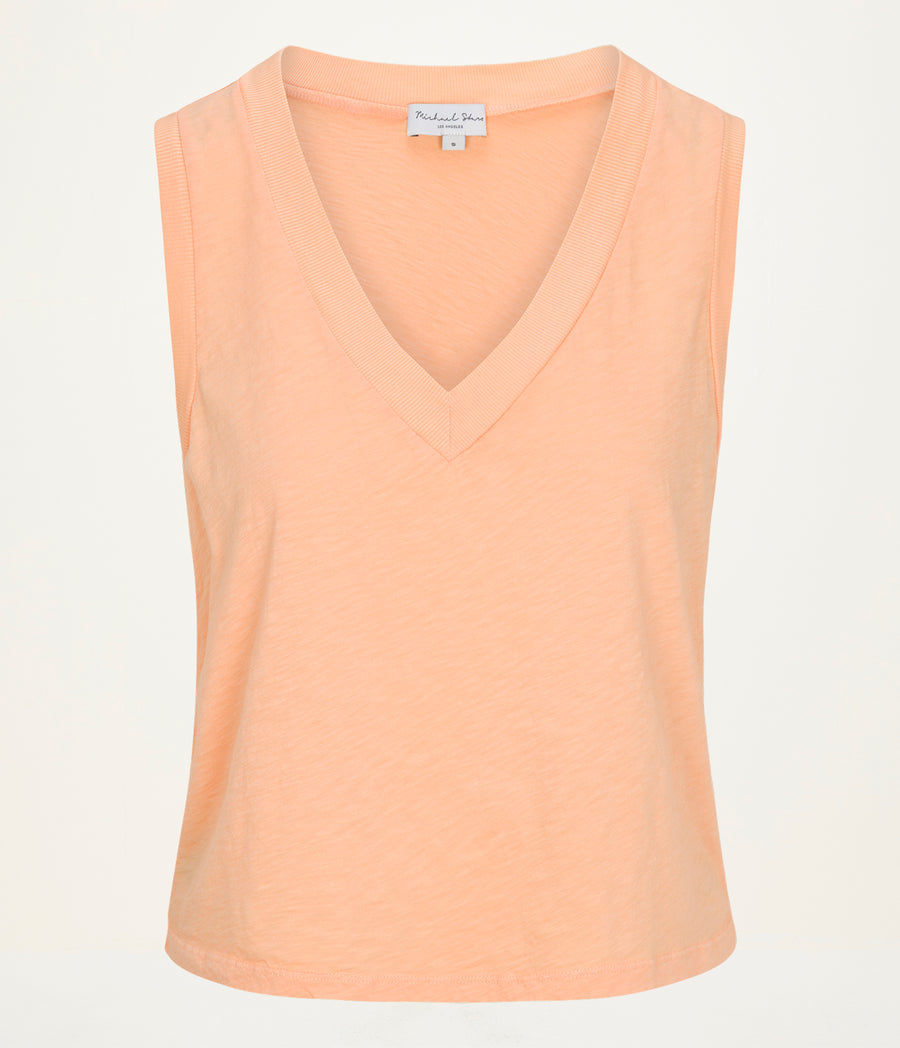 Ira Supima V-Neck Tank in Tangerine Orange Close Up View  #TANGERINE