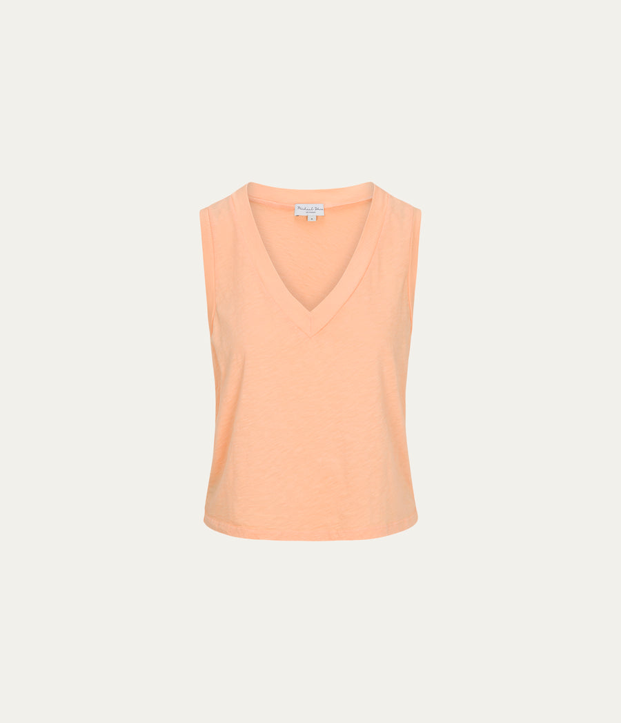 Ira Supima V-Neck Tank in Tangerine Orange Close Up View  #TANGERINE