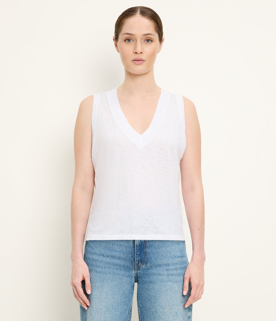 Ira Supima V-Neck Tank in White Full Body View #WHITE