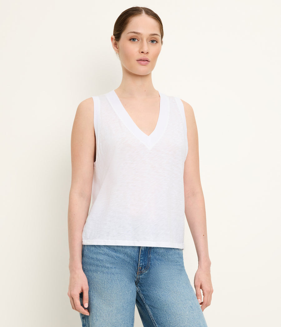 Ira Supima V-Neck Tank in White Side View #WHITE