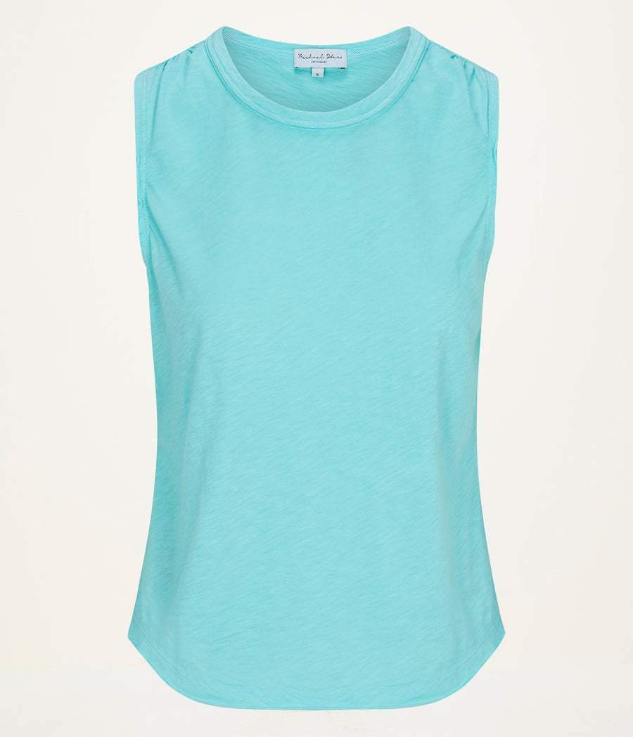 June Supima Tank in ARUBA BLUE GREEN Orange Close up View #ARUBA