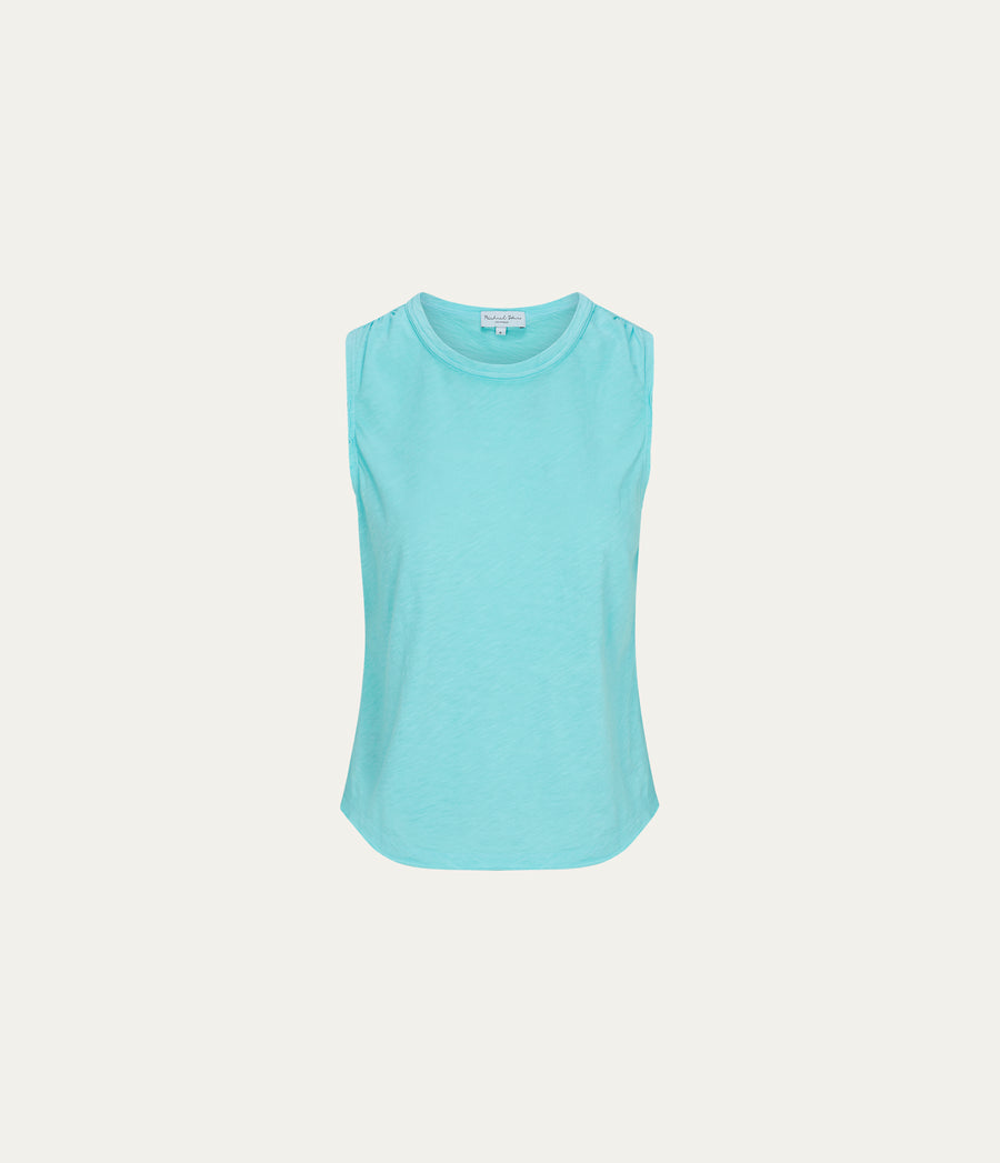 June Supima Tank in ARUBA BLUE GREEN Orange Close up View #ARUBA
