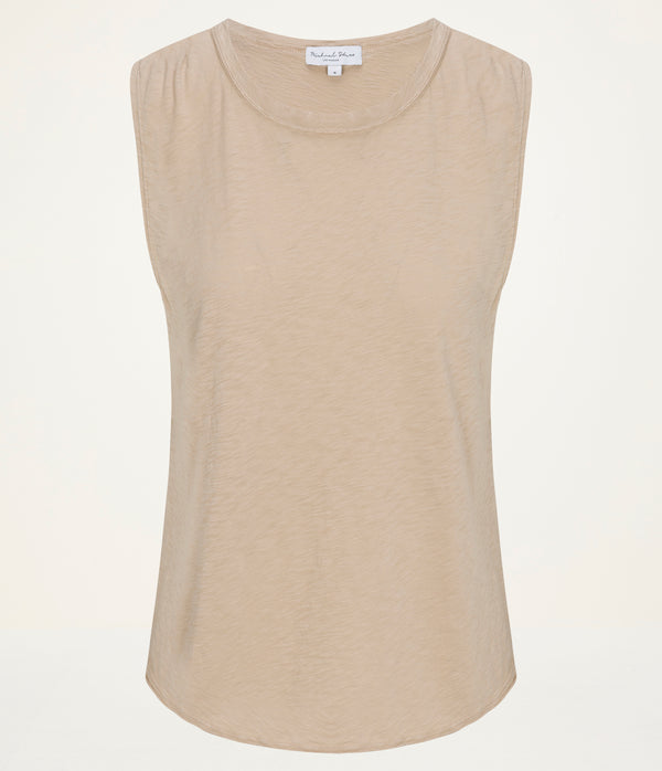 June Supima Tank in  MACADAMIA Beige Close up View #MACADAMIA