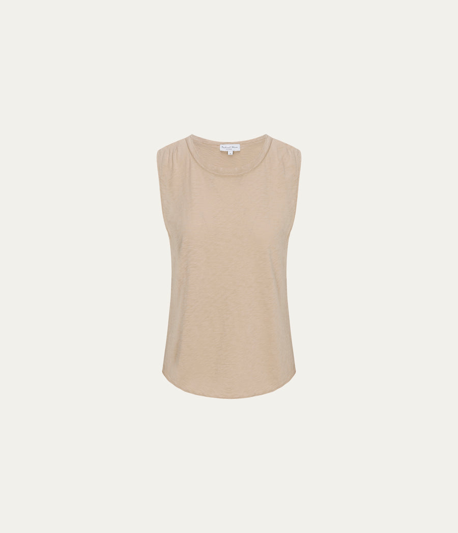 June Supima Tank in  MACADAMIA Beige Close up View #MACADAMIA