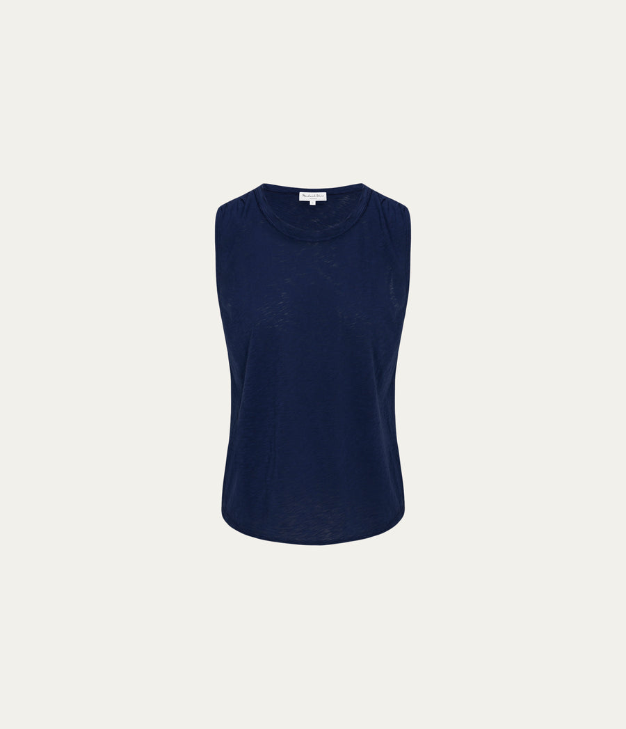 June Supima Tank in Nocturnal Blue Close up View  #NOCTURNAL