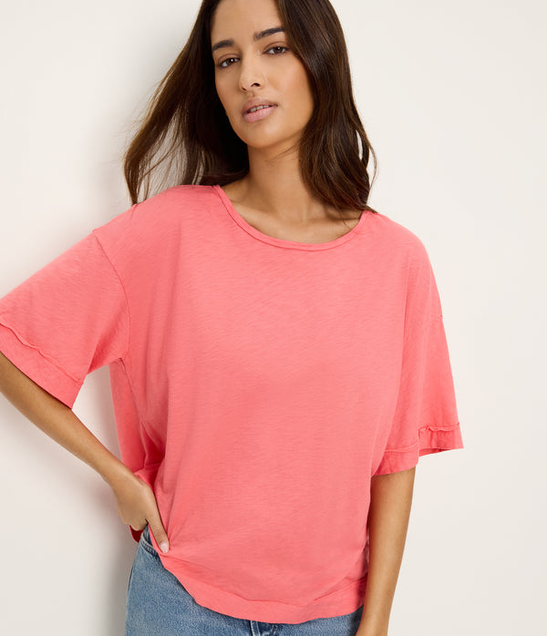 Tilda Oversize Crewneck in CORAL SHERBET PINK Close up View #CORAL SHERBET