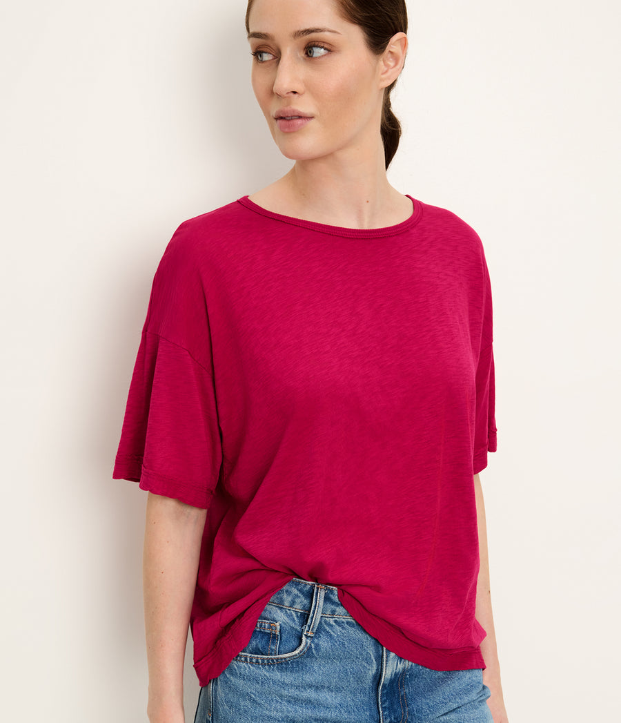 Tilda Oversize Crewneck in FRENCH ROSE RED Close Up View  #FRENCH ROSE