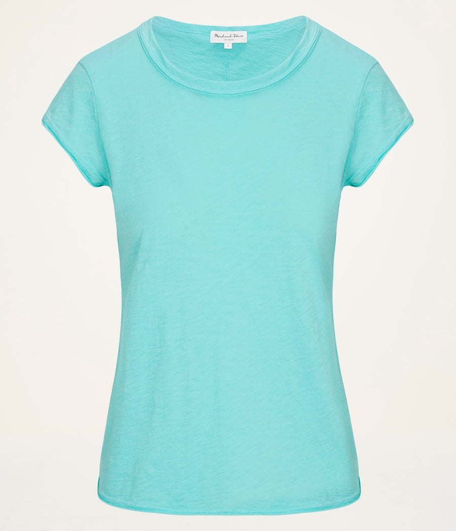 Trudy Supima Tee in ARUBA BLUE GREEN Orange Close up View #ARUBA