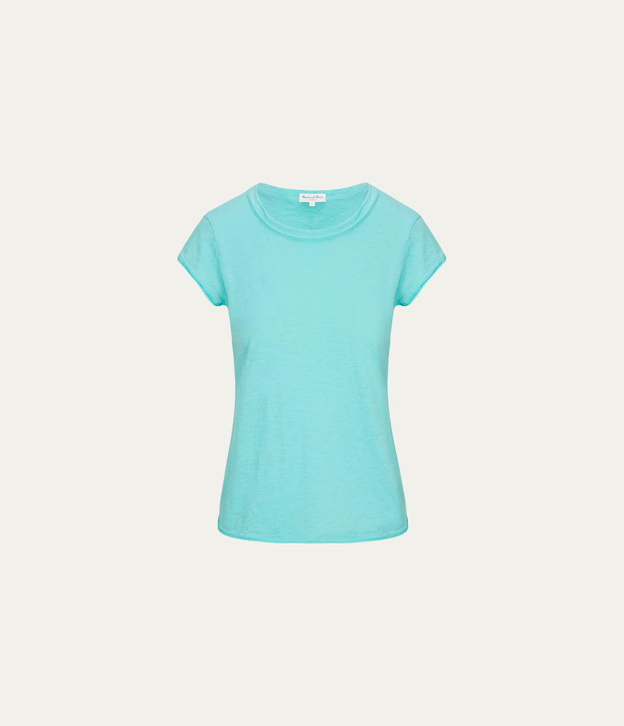 Trudy Supima Tee in ARUBA BLUE GREEN Orange Close up View #ARUBA