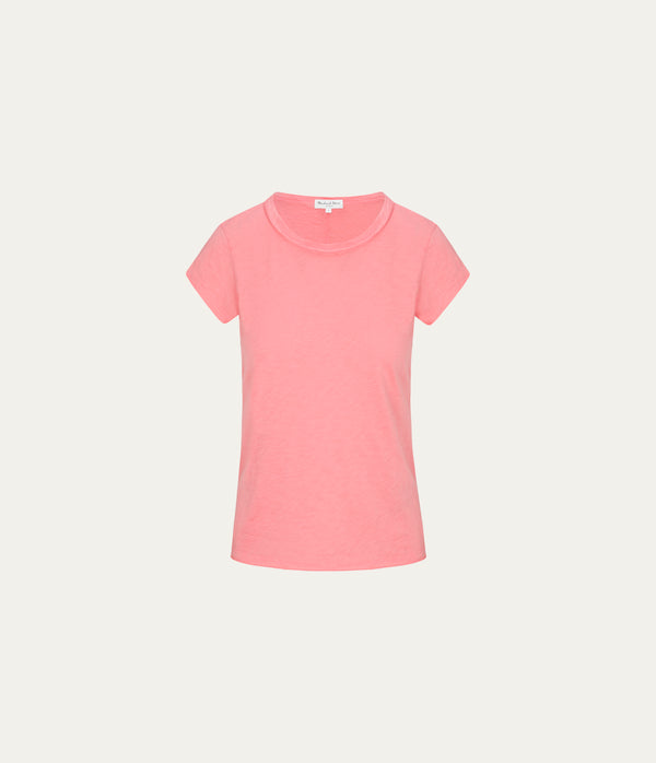 Trudy Supima Tee in CORAL SHERBET PINK Close up View #CORAL SHERBET
