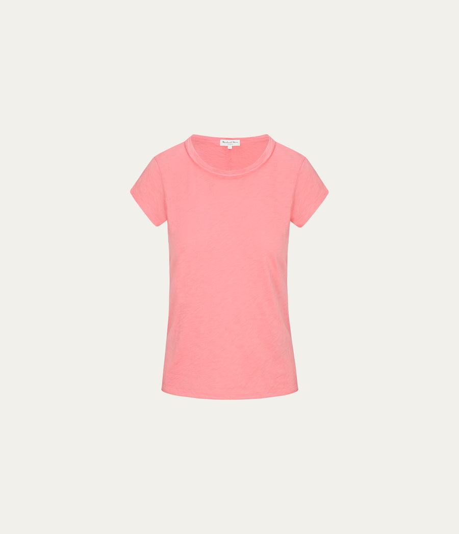 Trudy Supima Tee in CORAL SHERBET PINK Close up View #CORAL SHERBET