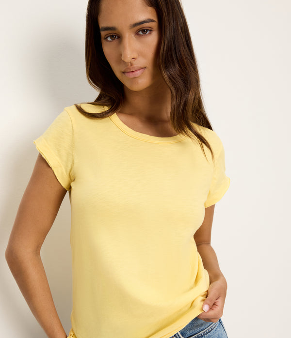 Trudy Supima Tee in MACAW Yellow Close Up View #MACAW