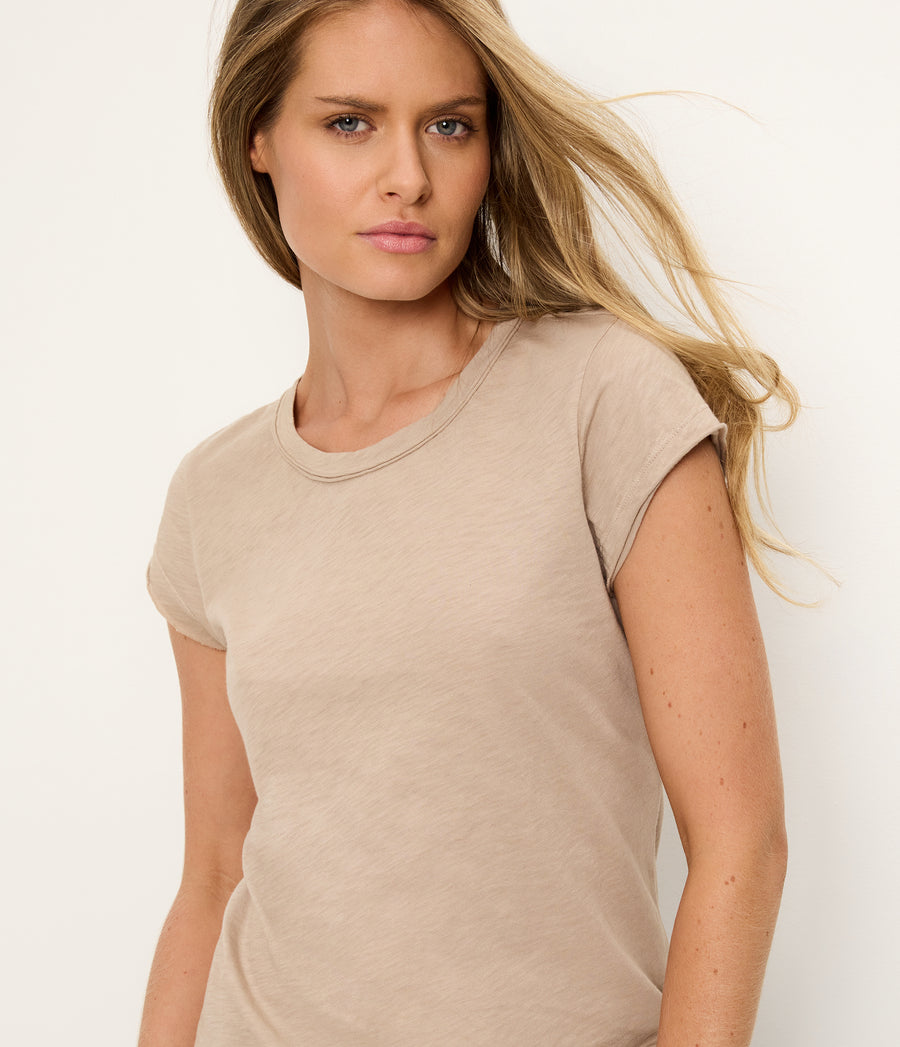 Trudy Supima Tee in  MACADAMIA Beige Close up View #MACADAMIA