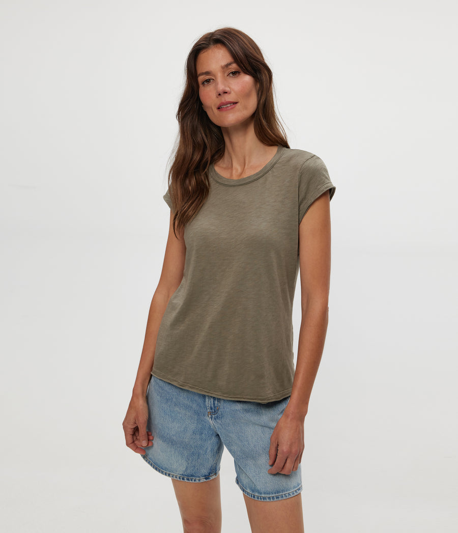 Trudy Supima Tee in Olive Green Close Up View #OLIVE