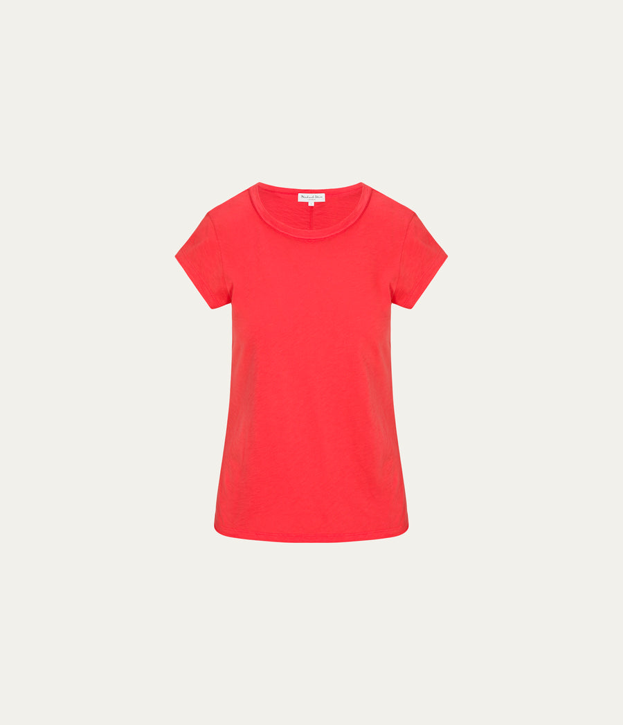Trudy Supima Tee in SAMBA RED Close up View #SAMBA