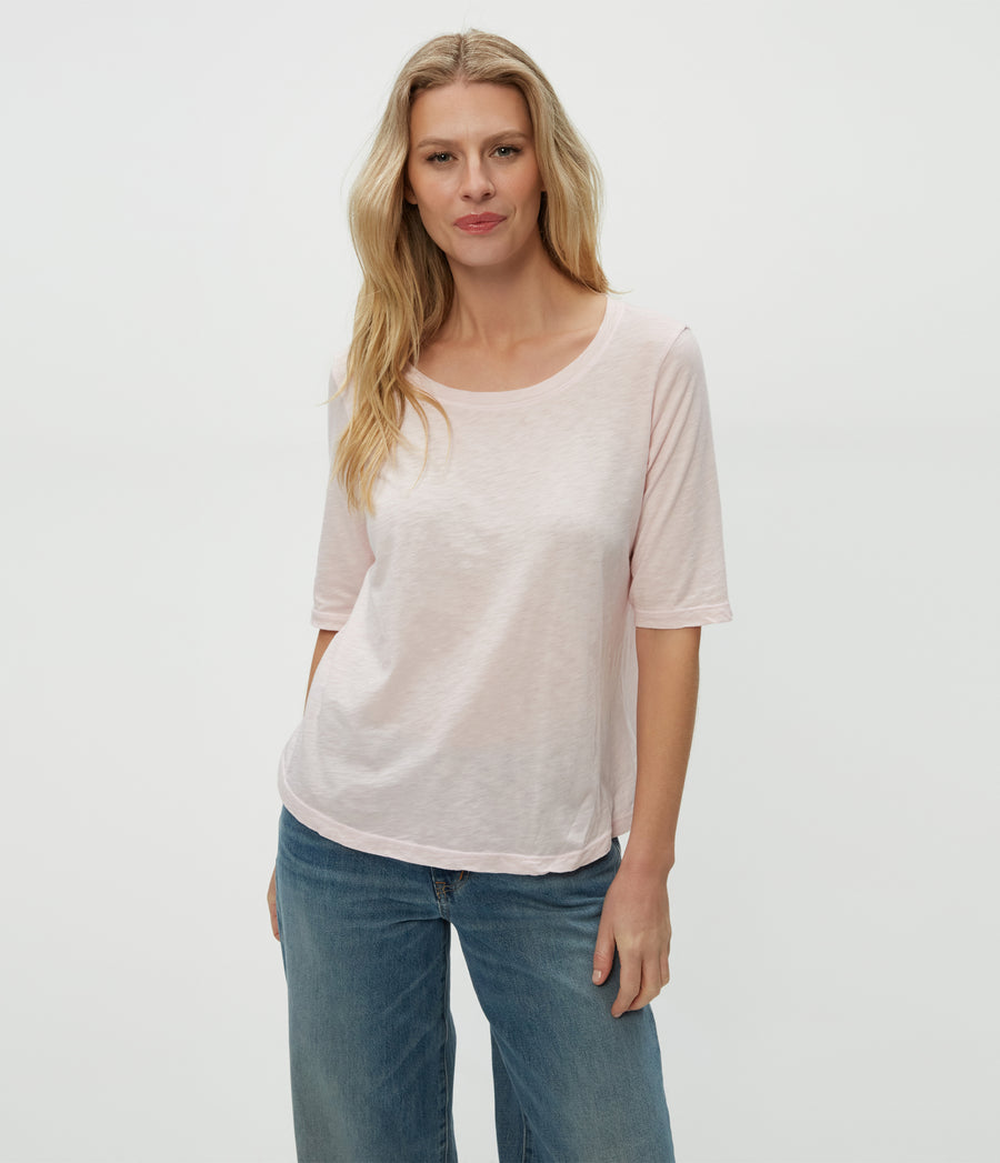 Dua Supima Tee in Lychee Pink Close Up View #LYCHEE