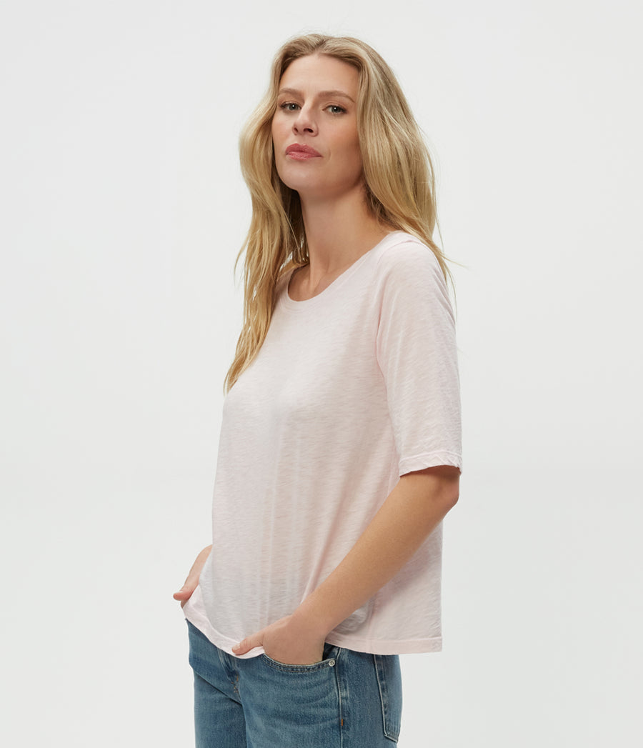 Dua Supima Tee in Lychee Pink Side View #LYCHEE