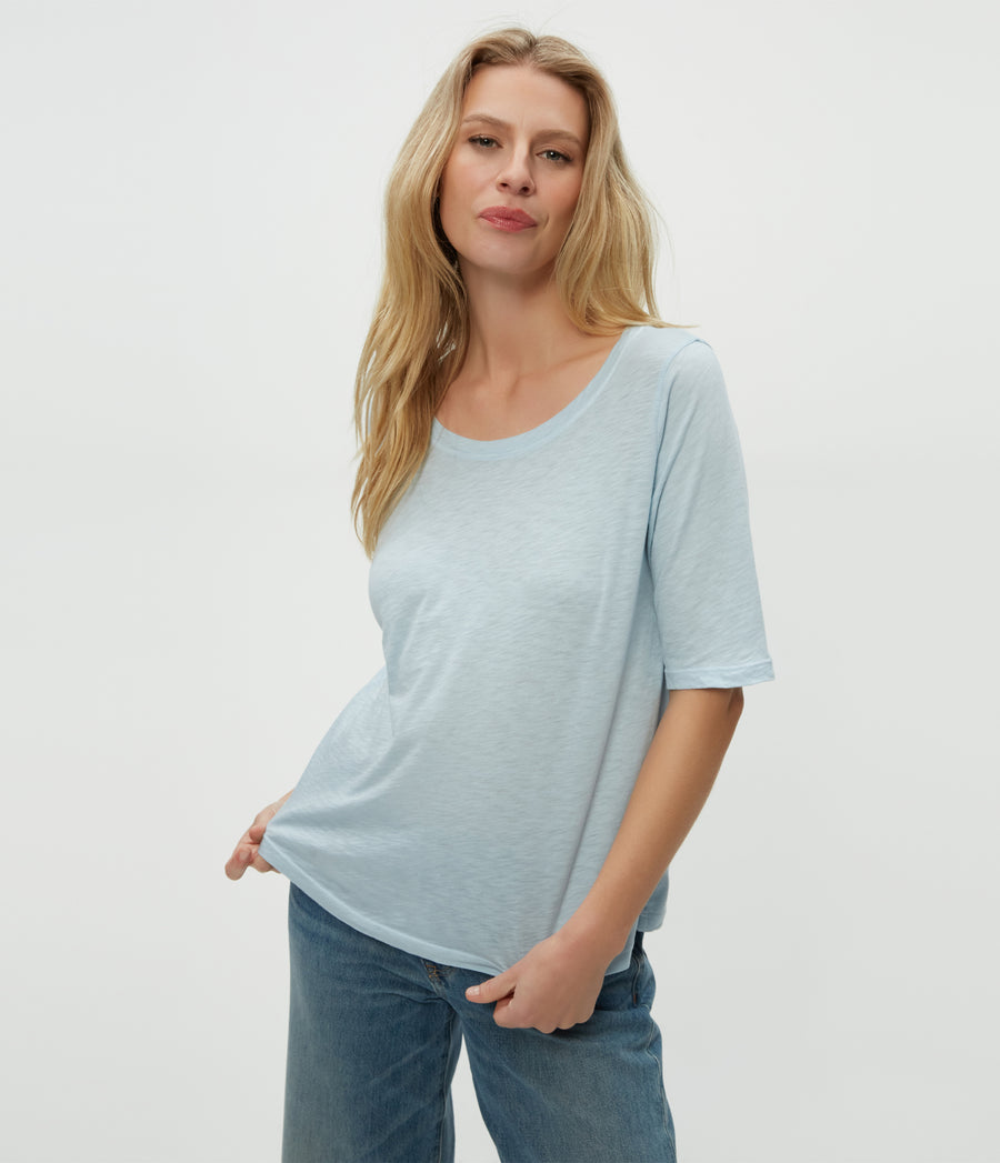 Dua Supima Tee in Fountain Blue Close Up View #FOUNTAIN