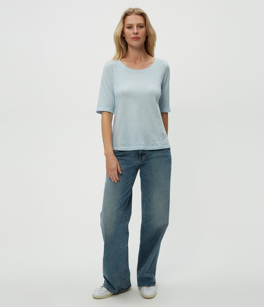 Dua Supima Tee in Fountain Blue Full Body View #FOUNTAIN