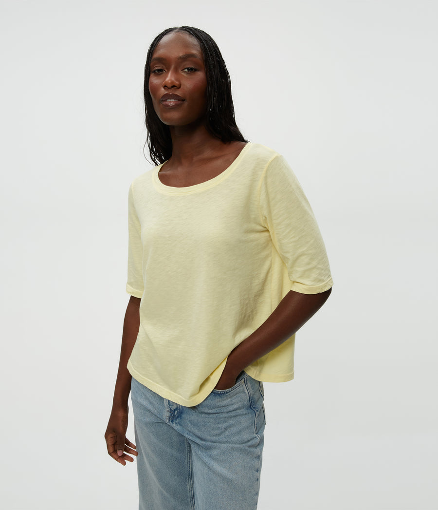 Dua Supima Tee in Lemonade Yellow Close Up View #LEMONADE