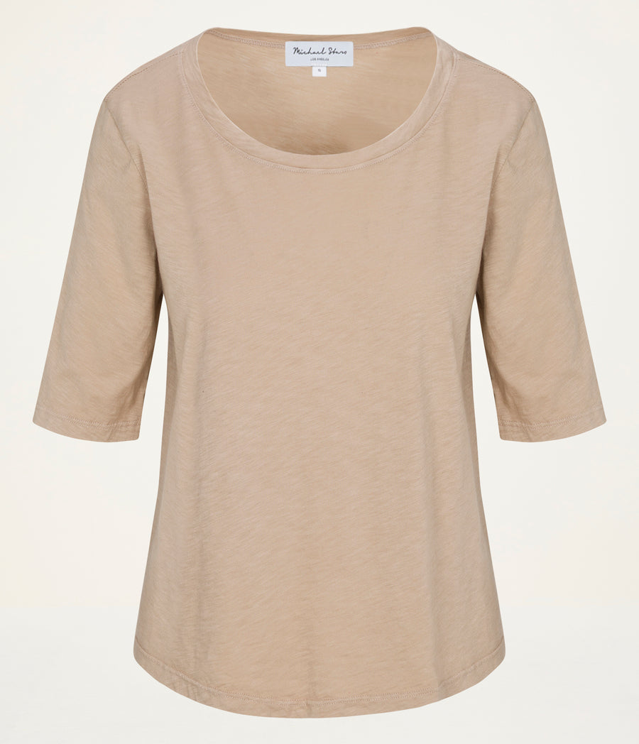 Dua Supima Tee in  MACADAMIA Beige Close up View #MACADAMIA