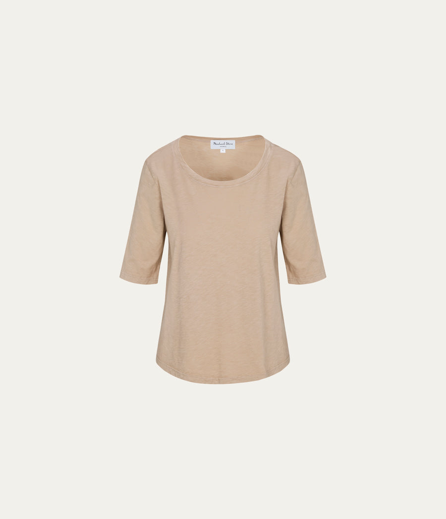 Dua Supima Tee in  MACADAMIA Beige Close up View #MACADAMIA