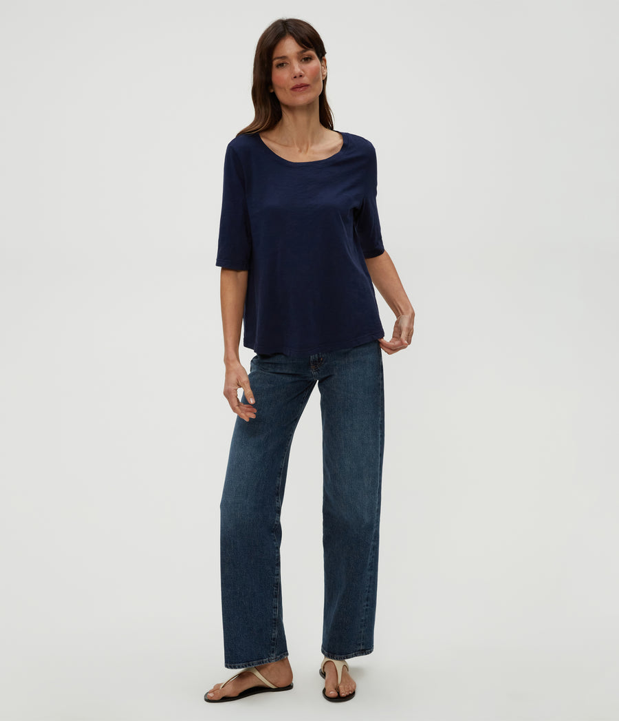 Dua Supima Tee in Nocturnal Blue Full Body View #NOCTURNAL