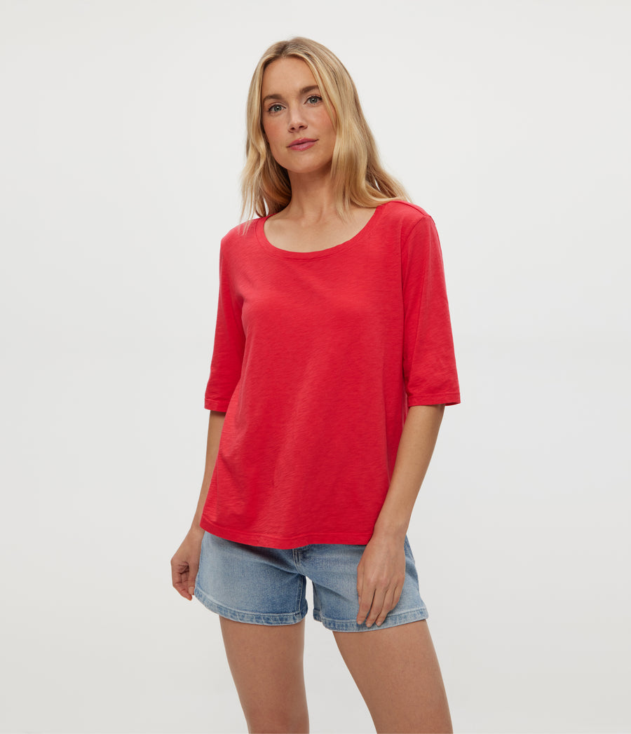 Dua Supima Tee in Rumba Red Close Up View #RUMBA