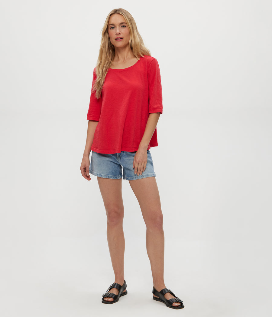 Dua Supima Tee in Rumba Red Full Body View #RUMBA