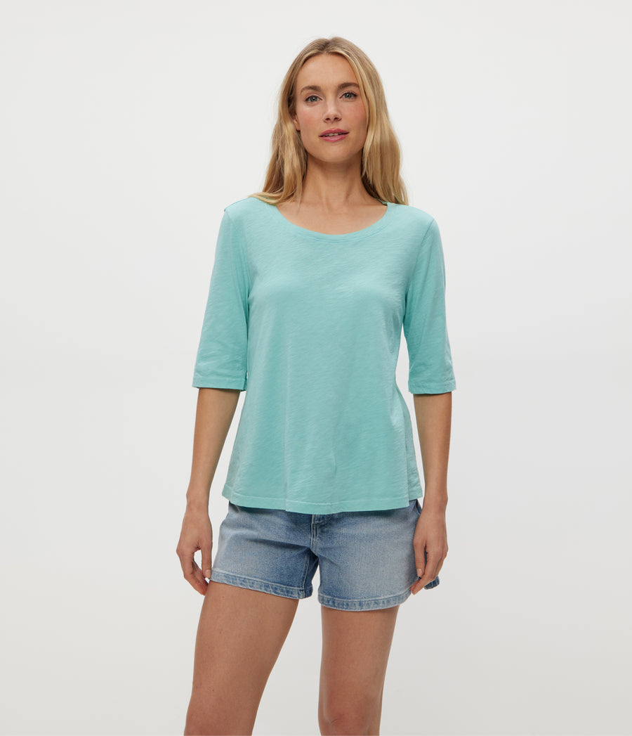 Dua Supima Tee in SERENE BLUE Close Up View #SERENE