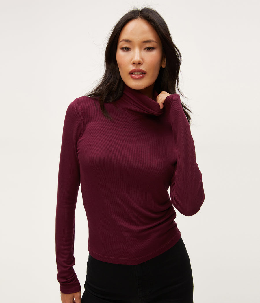 Tara Crop Turtleneck in Beetroot Red Close Up View #BEETROOT
