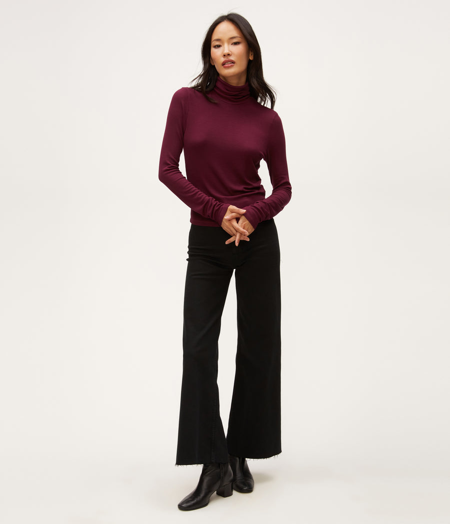 Tara Crop Turtleneck in Beetroot Red Full Body View #BEETROOT