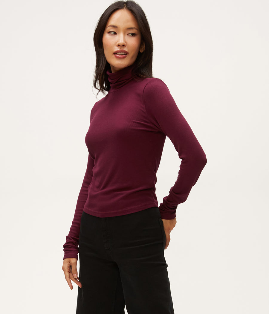 Tara Crop Turtleneck in Beetroot Red Side View #BEETROOT