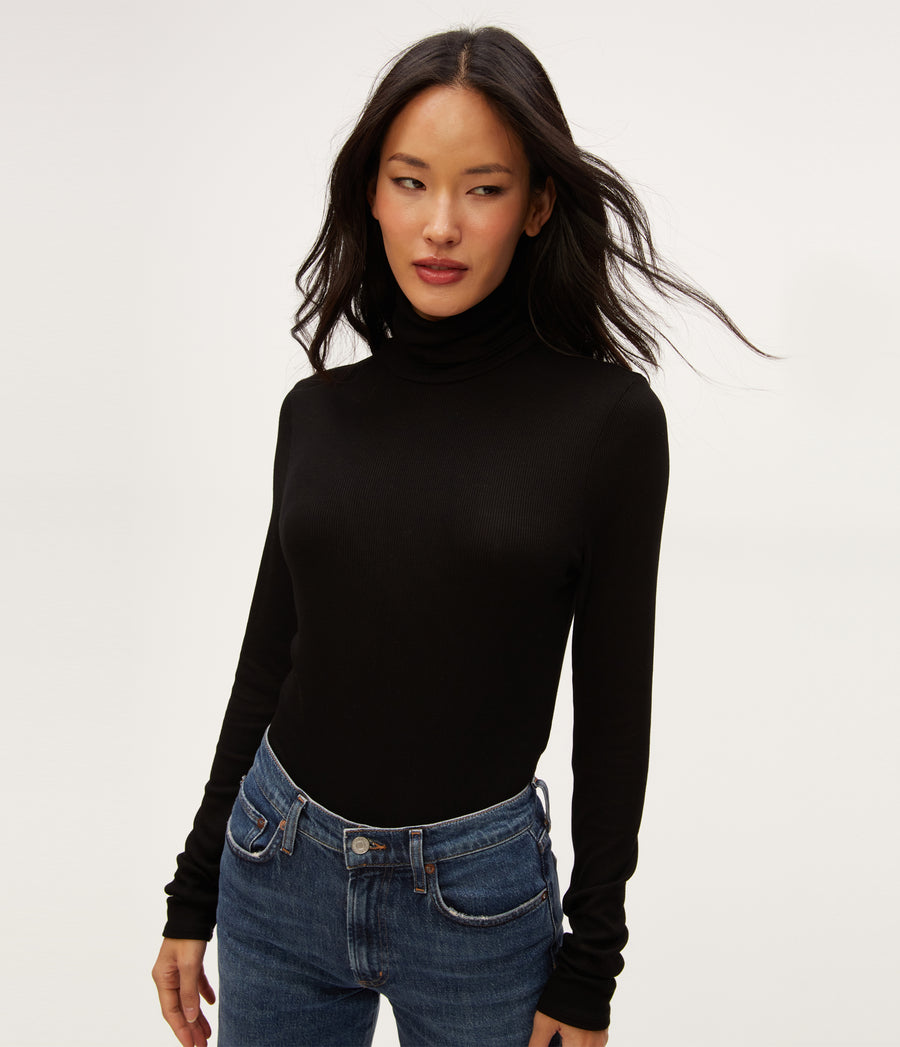 Tara Crop Turtleneck in Black  Close Up View #BLACK