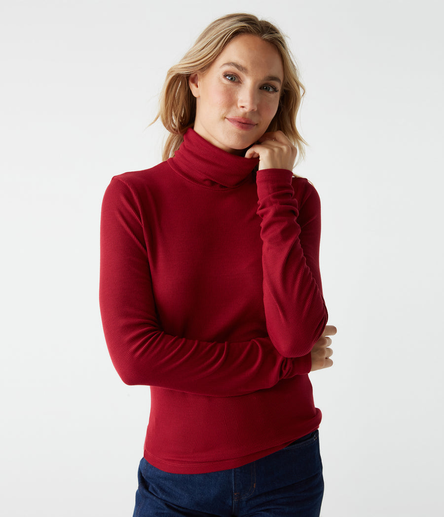 Tara Crop Turtleneck in CARMINE Red Close Up View #CARMINE