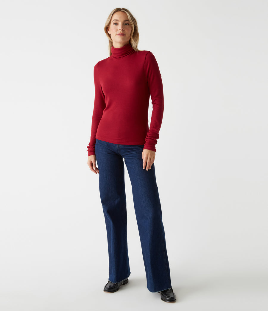Tara Crop Turtleneck in CARMINE Red Full Body View #CARMINE