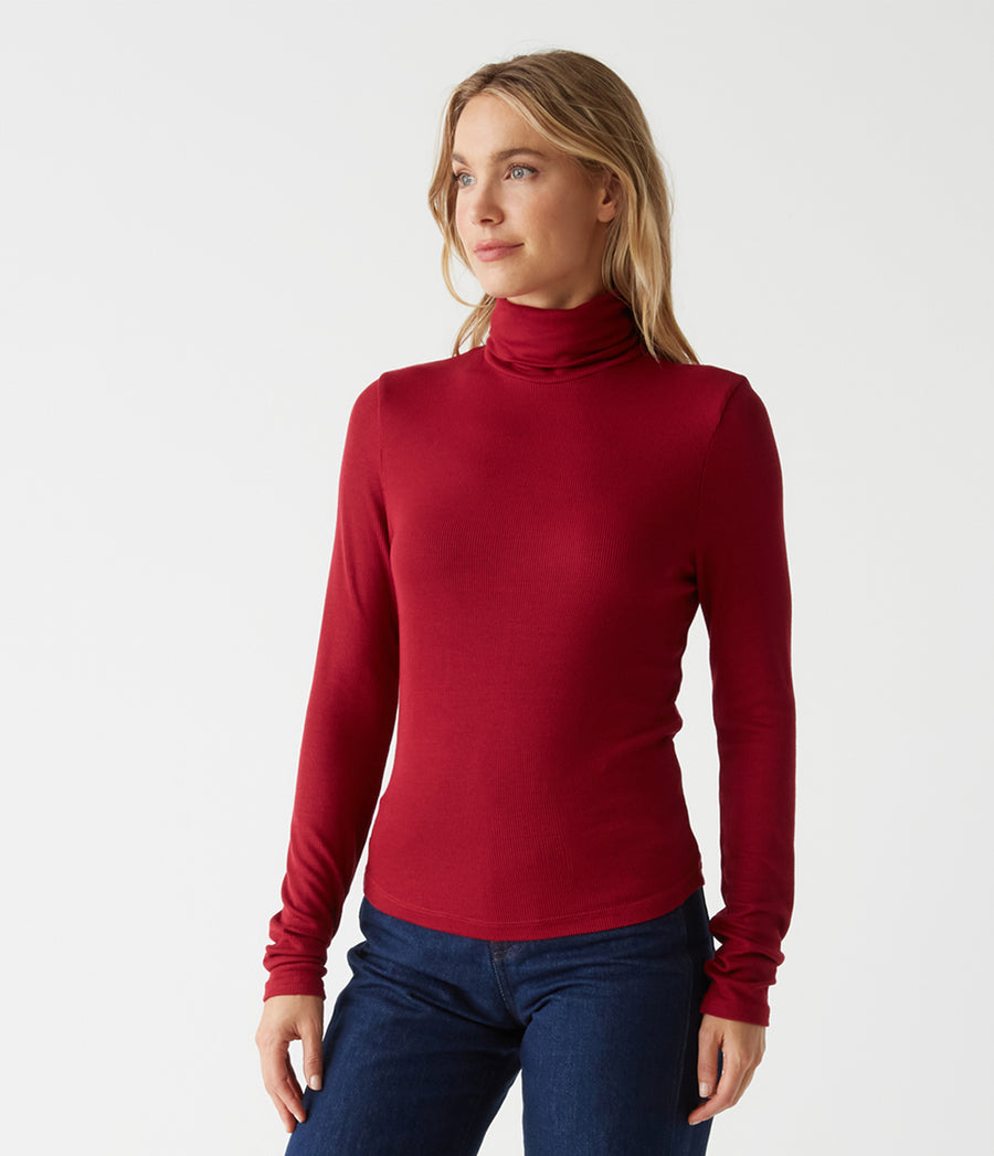 Tara Crop Turtleneck in CARMINE Red Side View #CARMINE