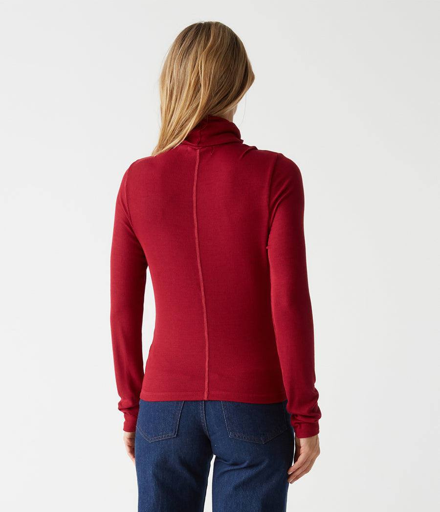 Tara Crop Turtleneck in CARMINE Red Back View #CARMINE