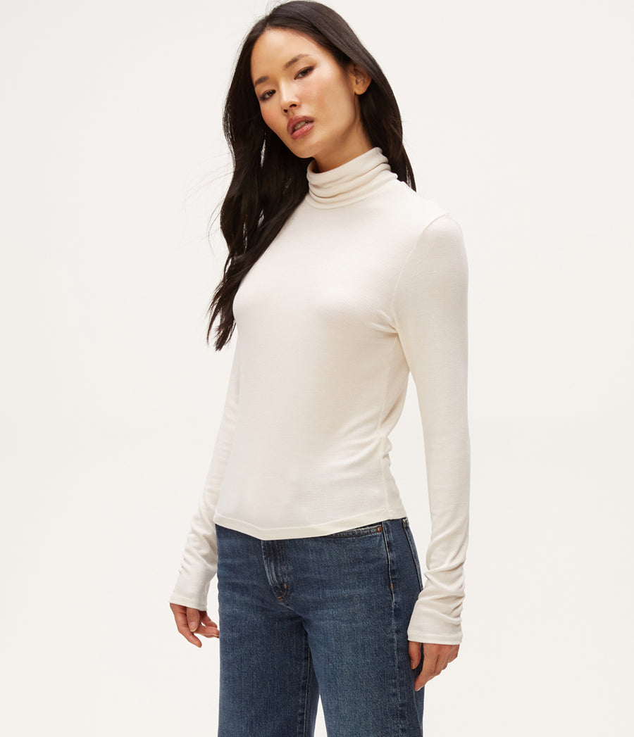 Tara Crop Turtleneck in Chalk White Side View #CHALK