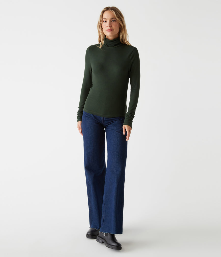 Tara Crop Turtleneck in DARK MATCHA Green Full Body View #DARK MATCHA
