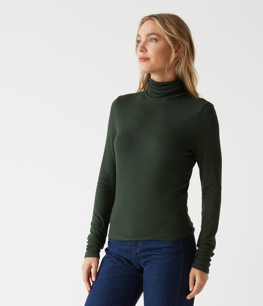 Tara Crop Turtleneck in DARK MATCHA Green Side View #DARK MATCHA