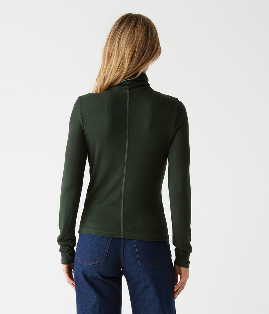 Tara Crop Turtleneck in DARK MATCHA Green Back View #DARK MATCHA