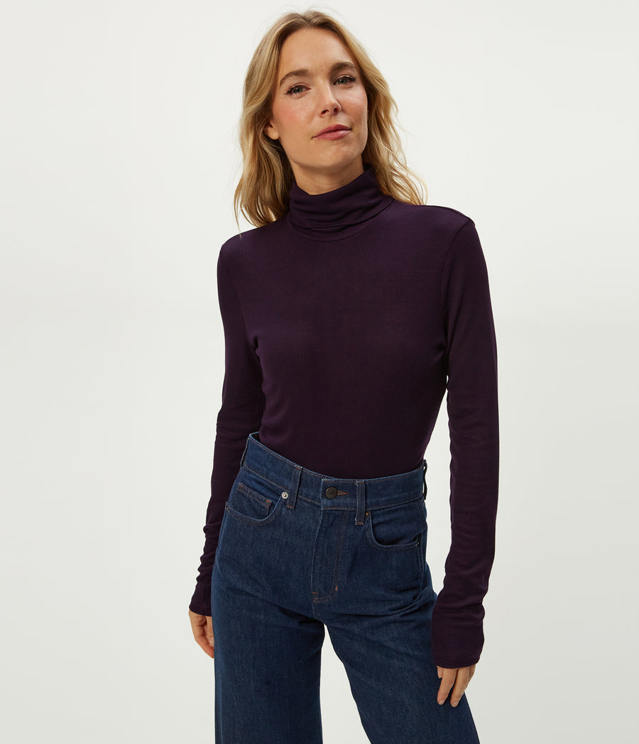 Tara Crop Turtleneck in Glimmer Purple Close up View #GLIMMER