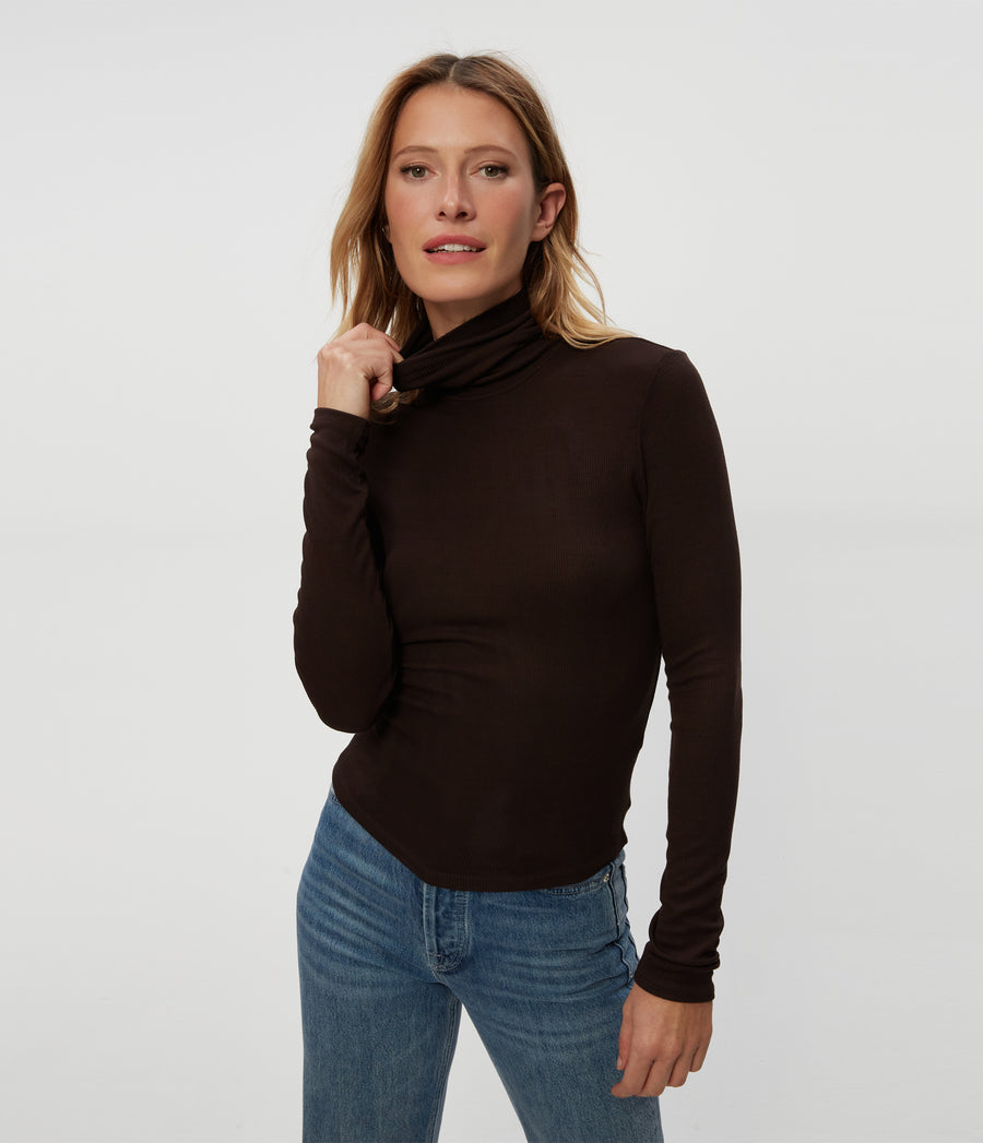 Tara Crop Turtleneck in Java Brown Close Up View #JAVA
