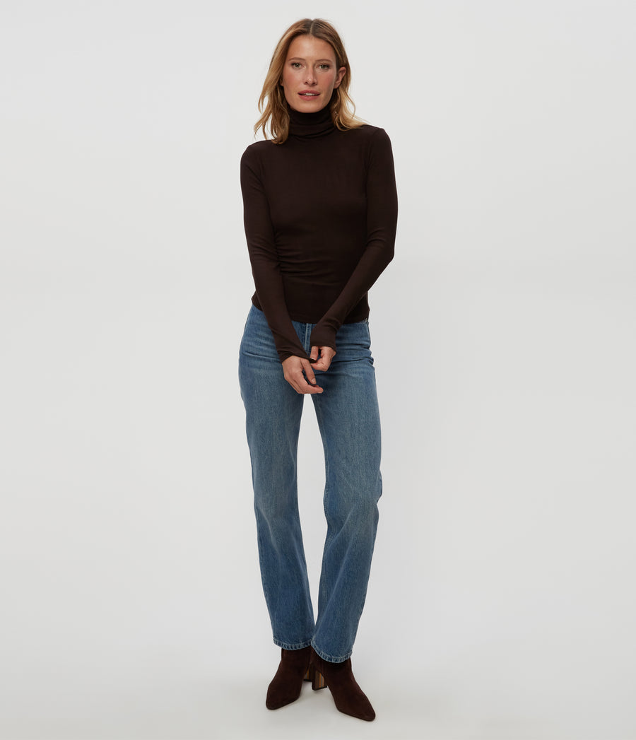 Tara Crop Turtleneck in Java Brown Full Body View #JAVA