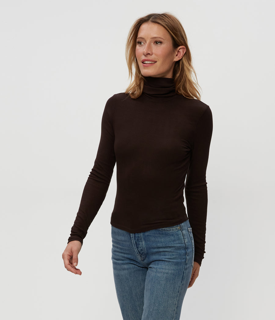 Tara Crop Turtleneck in Java Brown Side View #JAVA