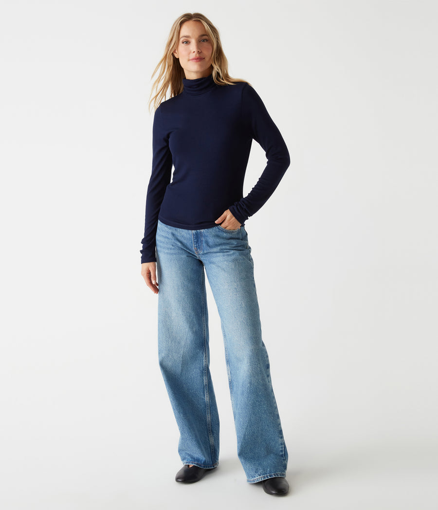 Tara Crop Turtleneck in NOCTURNAL Blue Full Body View #NOCTURNAL