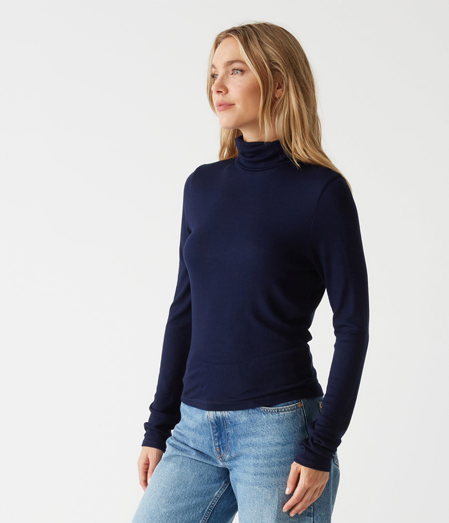 Tara Crop Turtleneck in NOCTURNAL Blue Side View #NOCTURNAL