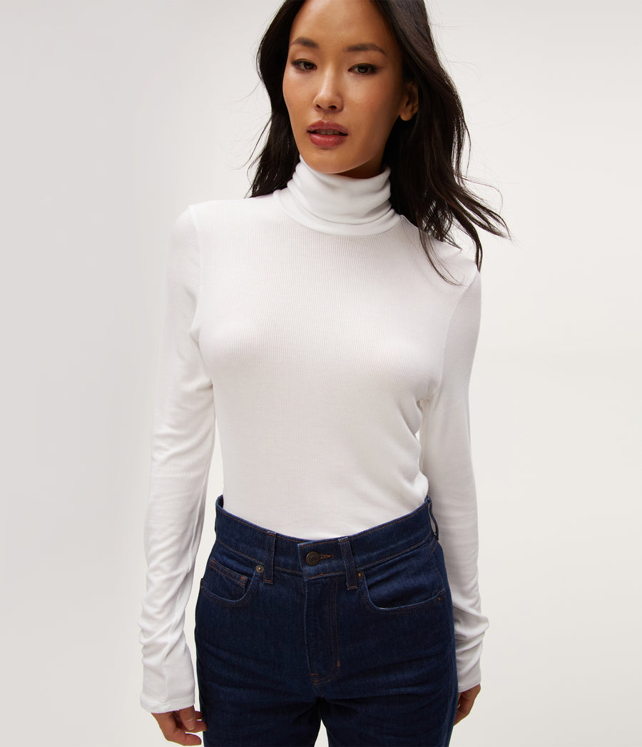 Tara Crop Turtleneck in White  Close Up View #WHITE